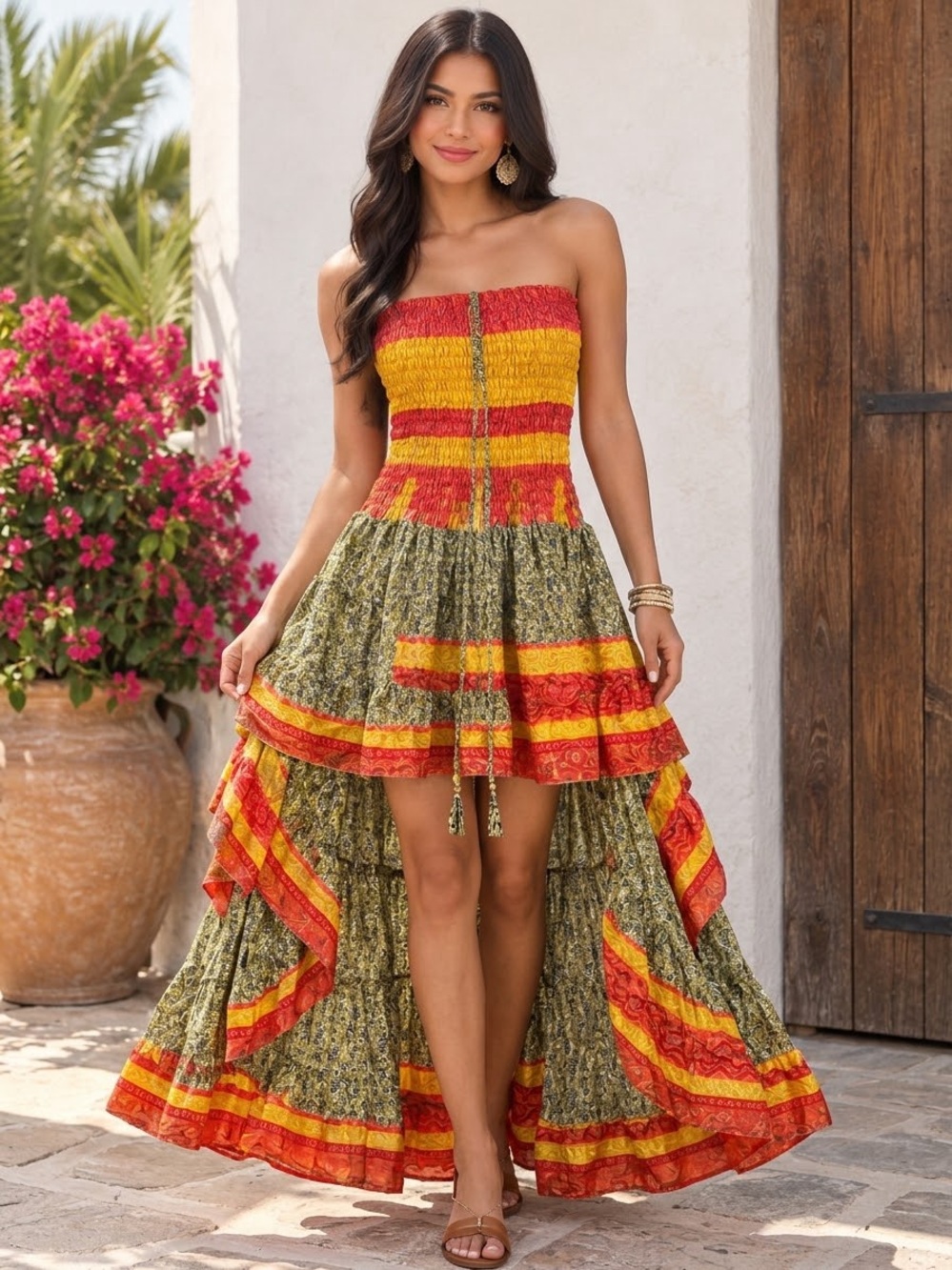 Smocked Strapless High-Low Boho Dress in Yellow, Red & Olive